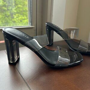 extra wide width clear lucite strappy sandal with block heel